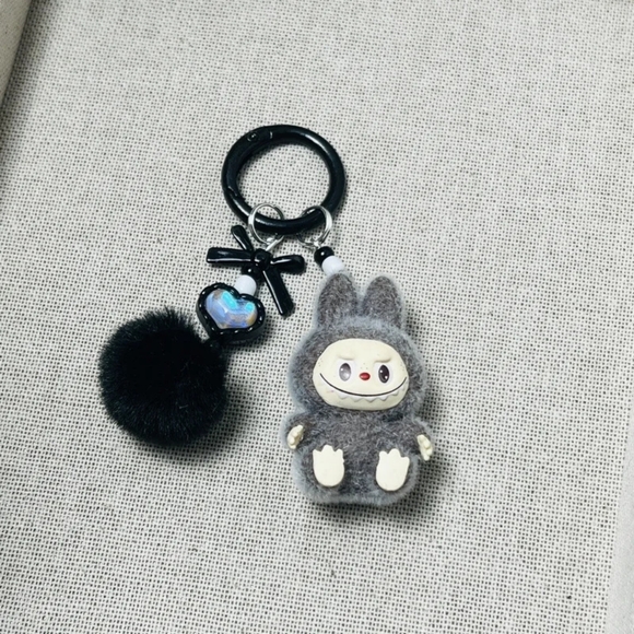 Flocked Fuzzy Have a Seat Labubu Keychain with Heart Gems Pom Pom Bag Charms NEW - Picture 5 of 16